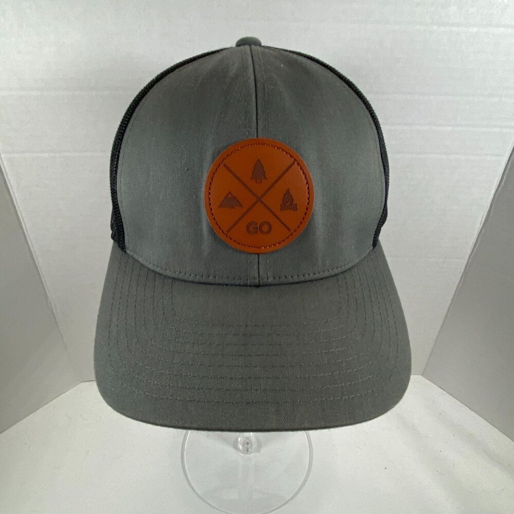 Lindo Lids Outdoor Trucker Hat Grey Black Mesh Leather Patch Camping Go Snapback
